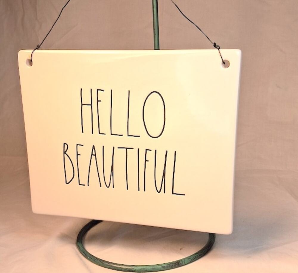 Rae Dunn HELLO BEAUTIFUL Hanging Ceramic Wall Plaque Sign Farmhouse Decor